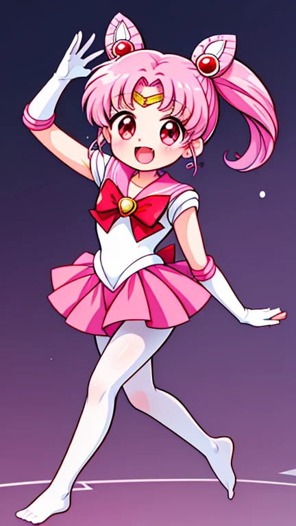 Sailor Moon,childhood,Seven years old,Cute little loli,Pink hair twintails,short hair,Sailor suit,red bow,White elbow gloves,Red Skirt,no shoes,Open your mouth,laughing out loud,fangs,(white pantyhose),soles of feet,soles of feet