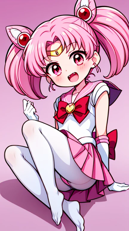 Sailor Moon,childhood,Seven ,Cute little loli,Pink hair twintails,short hair,Sailor suit,red bow,White elbow gloves,Red Skirt,no shoes,Open your mouth,laughing out loud,fangs,(white pantyhose),soles of feet,soles of feet