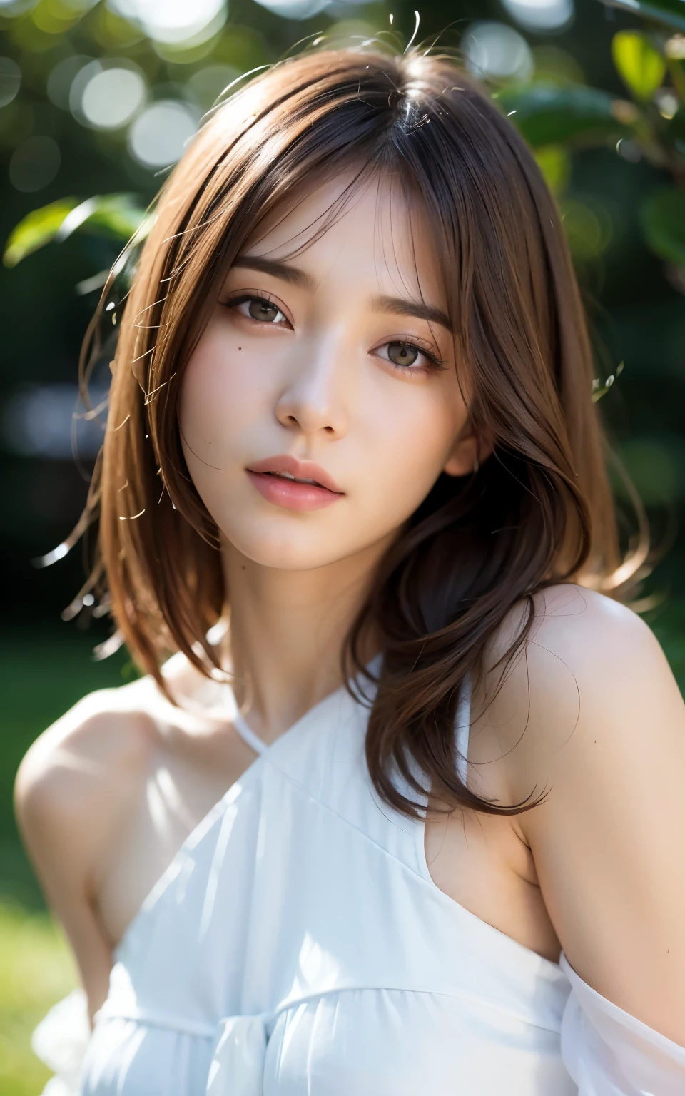 (Raw photo, highest quality), (realistic, Photoreal:1.3), table top, very delicate and beautiful, soft light, (brown hair, Shoulder-length straight hair sways in the wind), beautiful detailed girl, (fine fingers), highly detailed eyes and face, beautifully detailed nose, detailed and beautiful eyes, 1 girl, Japanese, pure beauty, cute, embarrassed face、 dress shirt, pants, (Half body:1.3), (medium breasts), realistic face, realistic body,