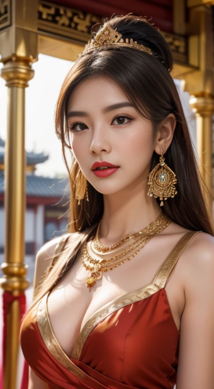 detailed face, Clear face, beautiful girl, Asian makeup, red lips, brown hair, crown, Medium body,see breasts, Medium bust, see gender,Hairy Sex Straight, Wear many cultural accessories such as gold bracelets., silver bracelet, gold necklace and earrings, ancient,  HD, full body, evening light, Standing inside the Buddhist temple background , cultural festival activities 