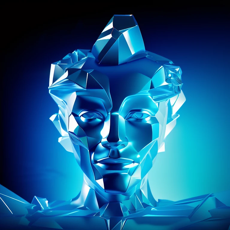 masterpiece, best quality, (extremely detailed CG unity 8k wallpaper), (best quality), (best illustration), (best shadow), absurdres, realistic lighting, (Abyss), beautiful detailed glow, art by PeterMohrBacher, a drawing of a crystal man with a blue crystal face , 'a human head made of glass, alien made of ice, abstract face, blue head, transparent face, facets, abstract portrait, statue made of glass, cybernetic head, detailed face and body, humanoid portrait
