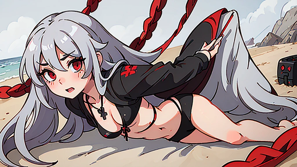 Long gray hair,blood red eyes,Necklace with cross,Wearing a black and white goth bikini,beach,beach球,Woman on top position