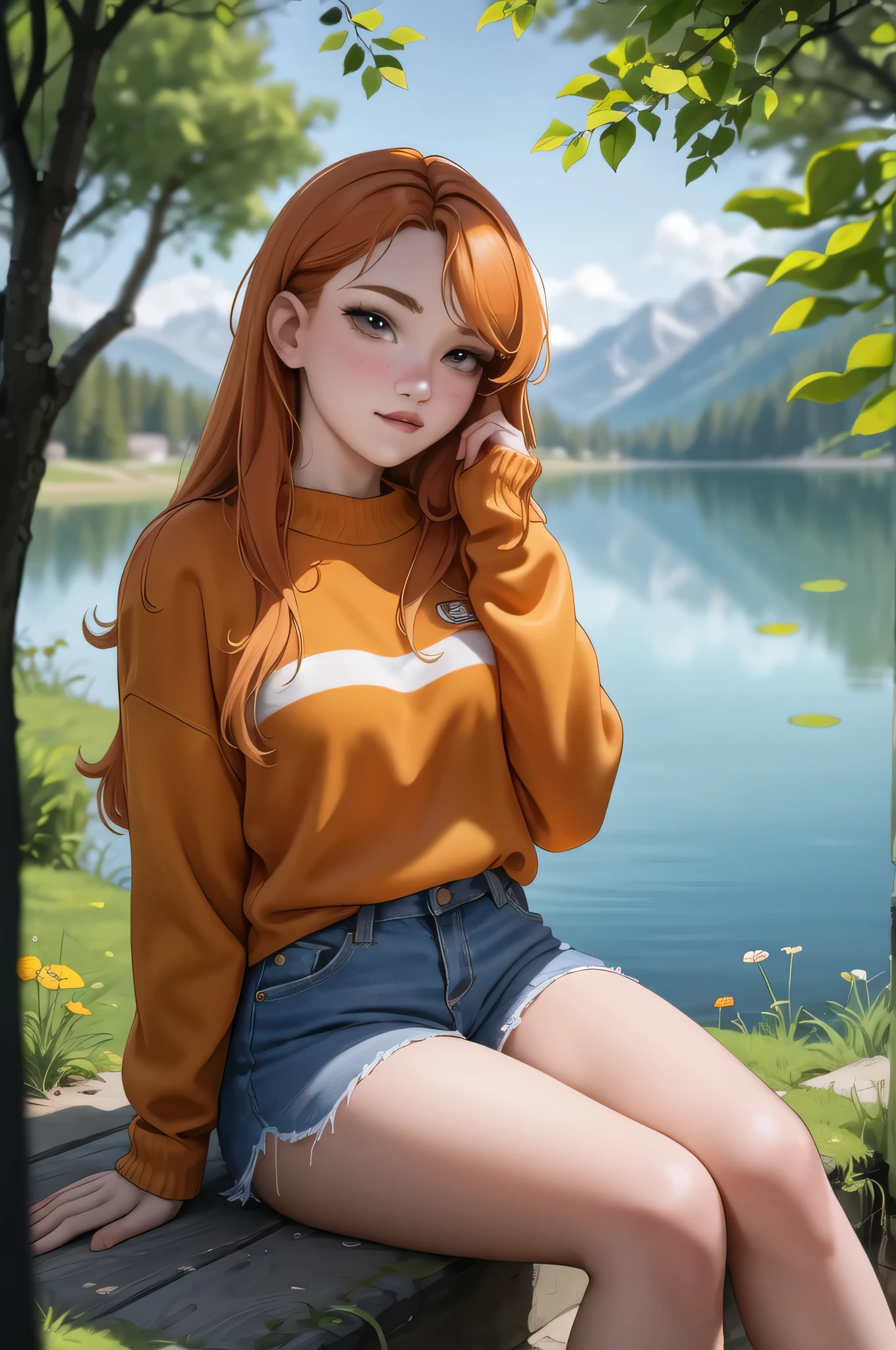 masterpiece, best quality, 8k, portrait of a 22yo female, long orange hair, striped sweater, outdoors, sitting, lake