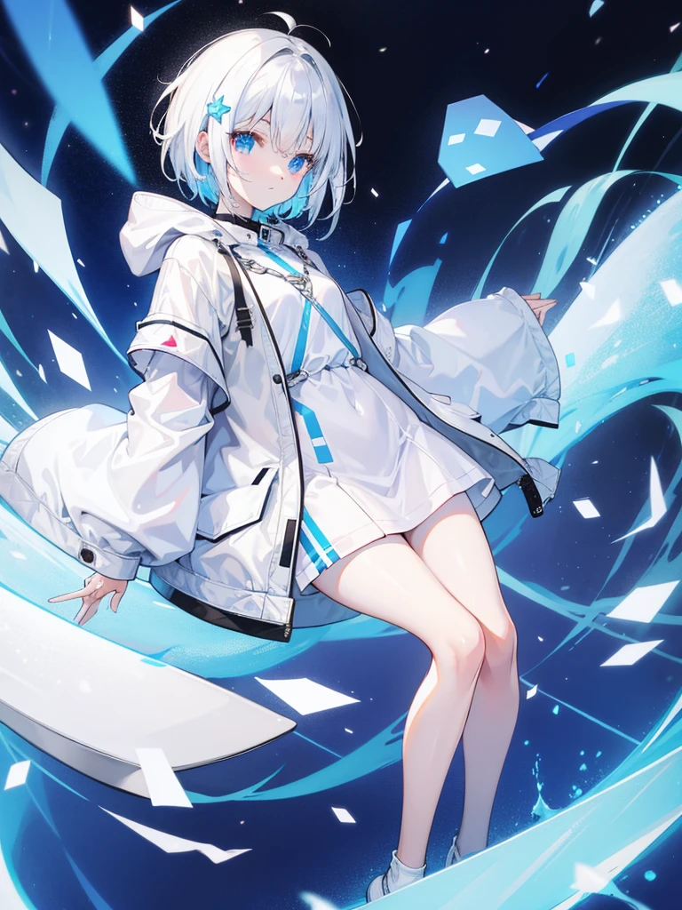 short hair,A loose milky white long parka、hologram、