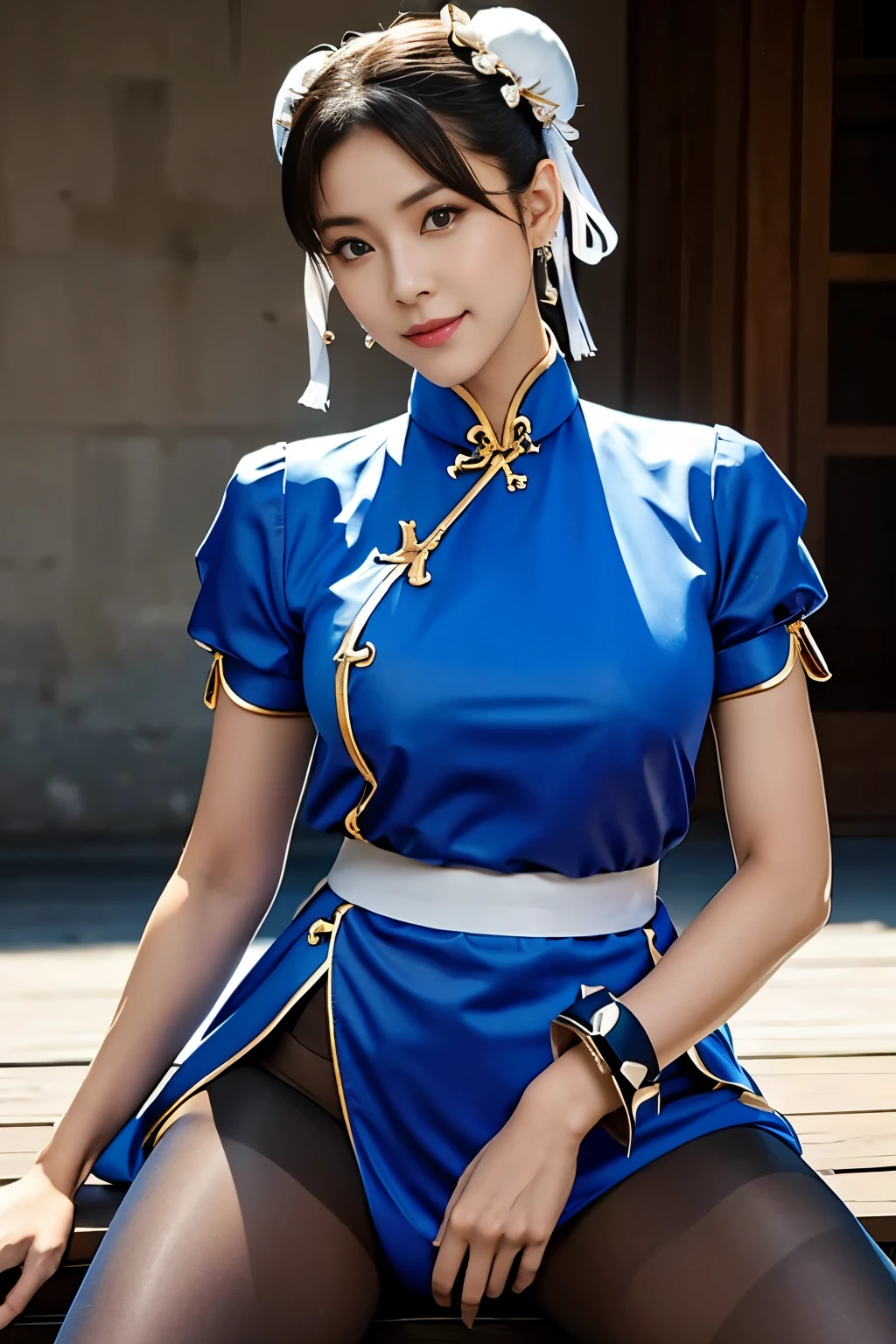 Chun-Li from Street Fight II,perfect chun li costume,blue cheongsam with gold lines,Bun head,Good cover,whole body,ハイkick,kick、Lift your legs,masterpiece、1 beautiful girl、Fine grain、puffy eyes、highest quality, 超High resolution, (reality: 1.4), movie lighting、super beautiful、beautiful skin、body turns forward、(超reality的な)、(High resolution)、(8K)、(very detailed)、(美しくFine grain)、(Super detailed)、 (wall-)、detailed face、Bright lighting、Professional Lighting、Watching the audience、Look straight ahead、slanted bangasterpiece, highest quality, masterpiece, highest quality, Perfect Face, perfect brown eyes with white sclera, Bad move - 5, alone, 1 girl, Upper Body, brown hair, From SF2, Chinese service, smile, muscular woman, blue clothes, pantyhose, pelvic curtain, Plump short sleeves, Good cover, sash, evaluation:safety