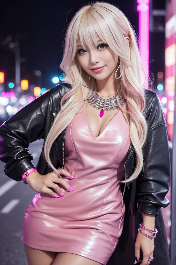 beautiful woman, beautiful smile, lipgloss, dramatic makeup, closeup photo, (sparkling large necklace), (sparkling large bracelets), night scene, sparkling neon street background, gyaru, (((medium platinum blonde hair with dark pink highlights))), ((business style dark grey with dark pink leather dress)), sweet and sexy, seductive look
