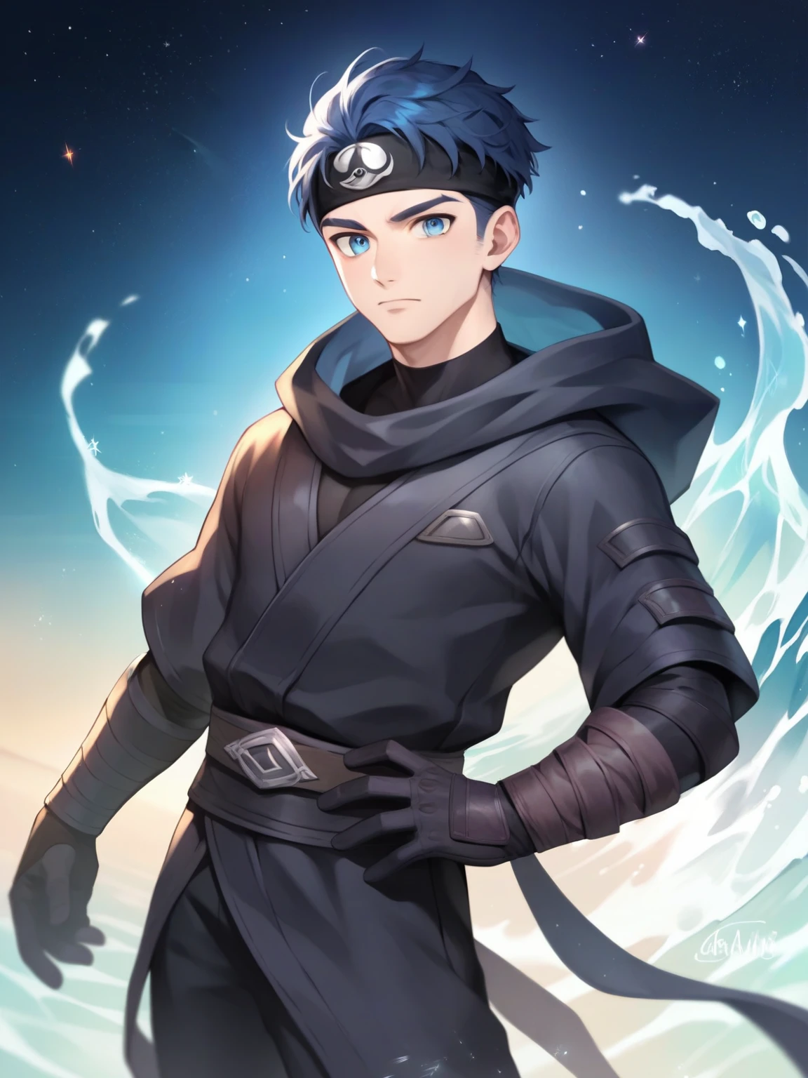 score_9, score_8_up, score_7_up, score_6_up, source_anime, 2D, 1boy, a handsome humanoid male water elemental, japanese teen boy, looking at viewer, calm, melancholic, neutral expression, 15 years old, ninja|mage, shinobi, wearing a black headband, battle robe, armor, ninja mask, hood, belt, slim build, dark blue hair, short hair, wavy hair, ocean blue eyes, elegant, pale skin, perfect hands, gloves, blue water powers, arcane powers, cosmic, stars, waves, blue and black clothing, starlight, upper body, torso, thighs, legs