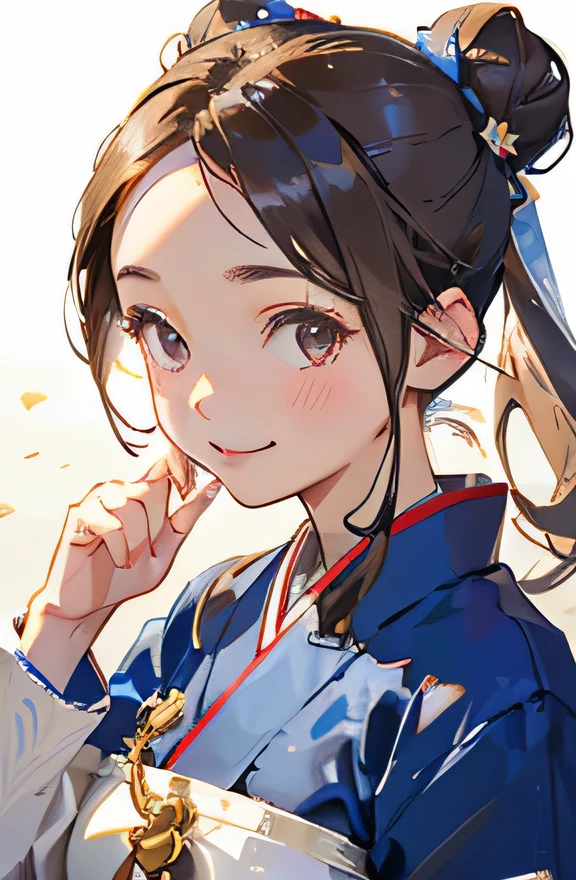 highest quality、realistic、Japanese、Women、zoom、cute、gray eyes、bun hair、chestnut hair、All back、The forehead is protruding、Blue Chinese Dress、No sleeve、Looking down、Big smile、Bust Shot、thin、Small breasts