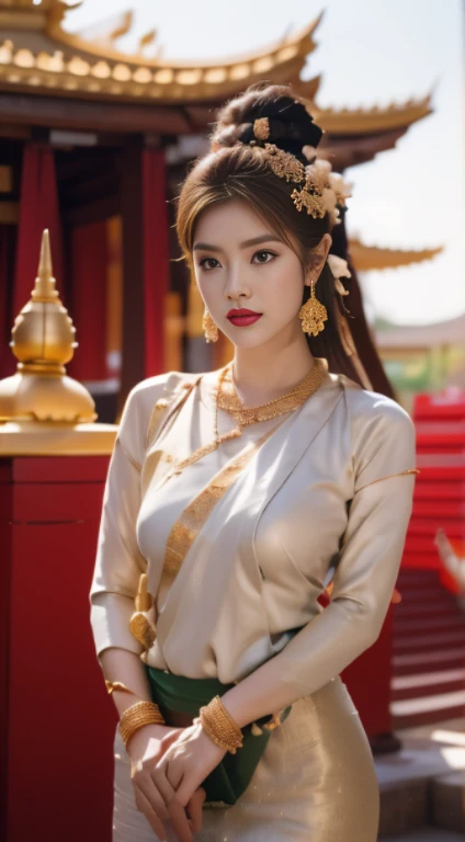 detailed face, Clear face, beautiful girl, Asian makeup, red lips, brown hair, crown, Medium body,see breasts, Medium bust, see gender,Hairy Sex Straight, Wear many cultural accessories such as gold bracelets., silver bracelet, gold necklace and earrings, ancient, HD, full body, evening light, Standing inside the Buddhist temple background , cultural festival activities