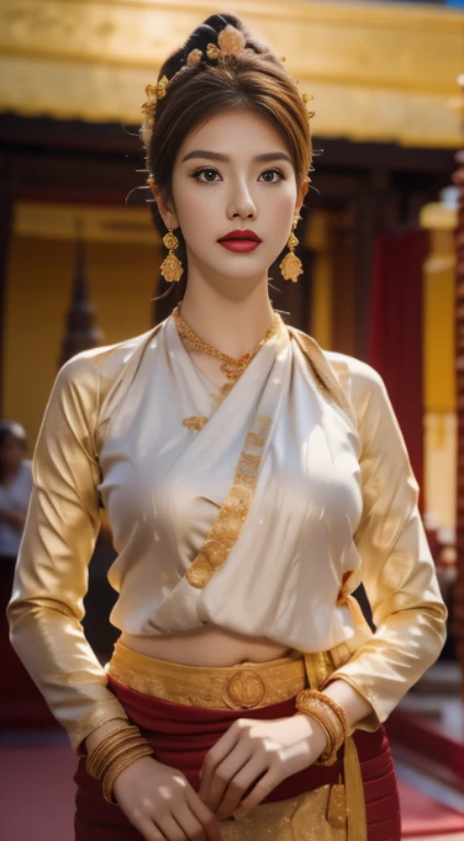 detailed face, Clear face, beautiful girl, Asian makeup, red lips, brown hair, crown, Medium body,see breasts, Medium bust, see gender,Hairy Sex Straight, Wear many cultural accessories such as gold bracelets., silver bracelet, gold necklace and earrings, ancient, HD, full body, evening light, Standing inside the Buddhist temple background , cultural festival activities
