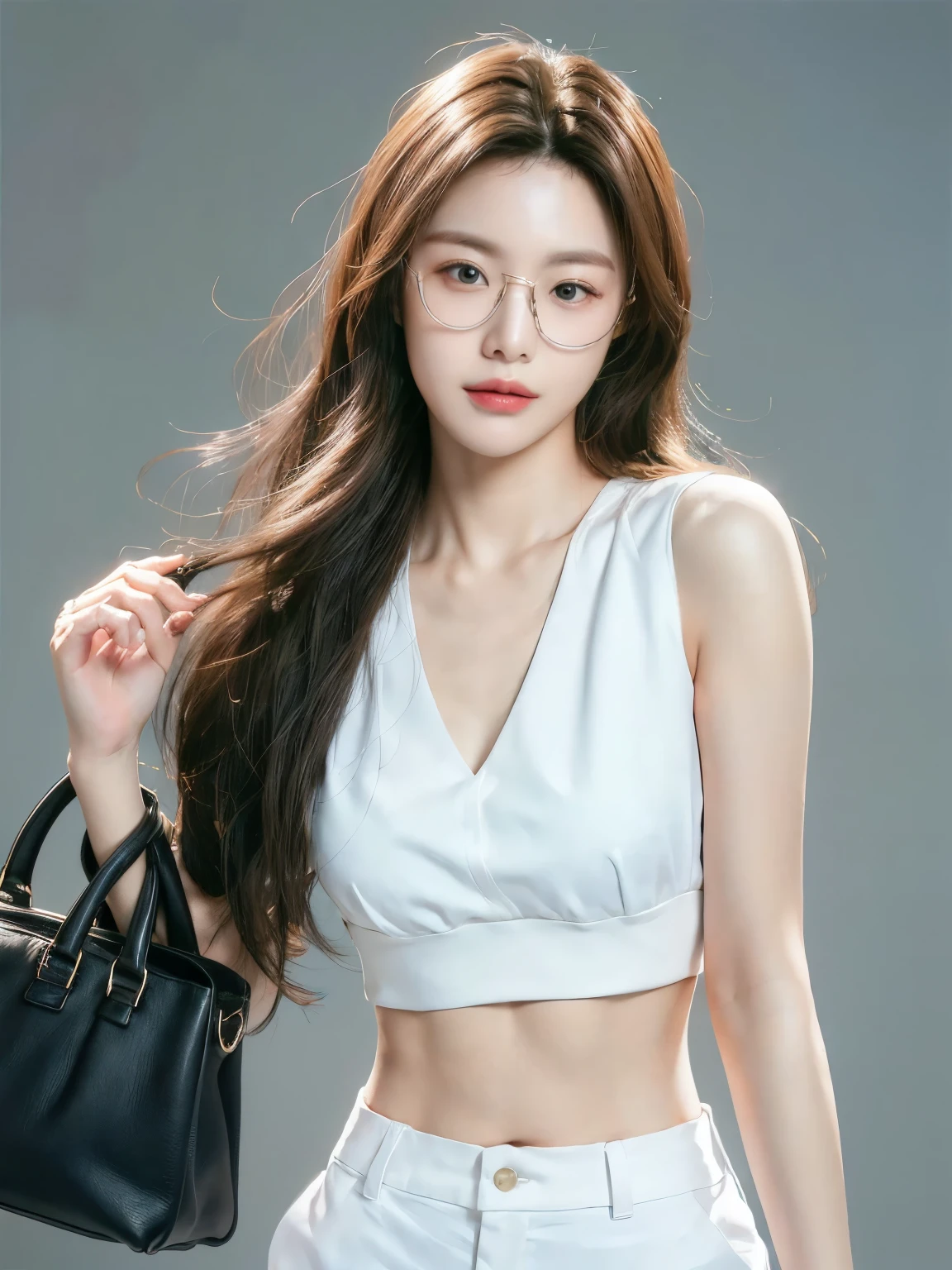 Close-up photo of a beautiful Korean woman, Bust size 32 inches, smile a little , Wearing a gray collared crop top., glasses, handbag, bokeh background