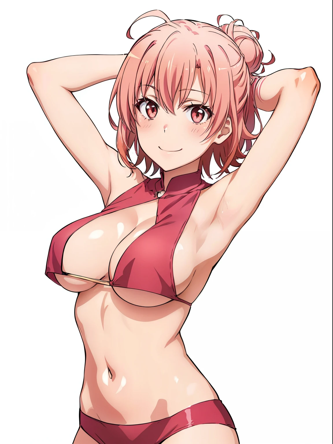 ((masutepiece, Best Quality, hight resolution, nffsw, Perfect Pixel, depth of fields, 4K, )), 1girl in, Solo, , Beautiful anime girl, Beautiful Art Style, close up, Looking at Viewer, Perfect body, Yuigahama Yui, Short hair, single hair bun, pink hair, (large boob), Full face blush, Smile, thighs thighs thighs thighs, body paint, hands behind head, armpits, white background, cowboy shot, Focus,