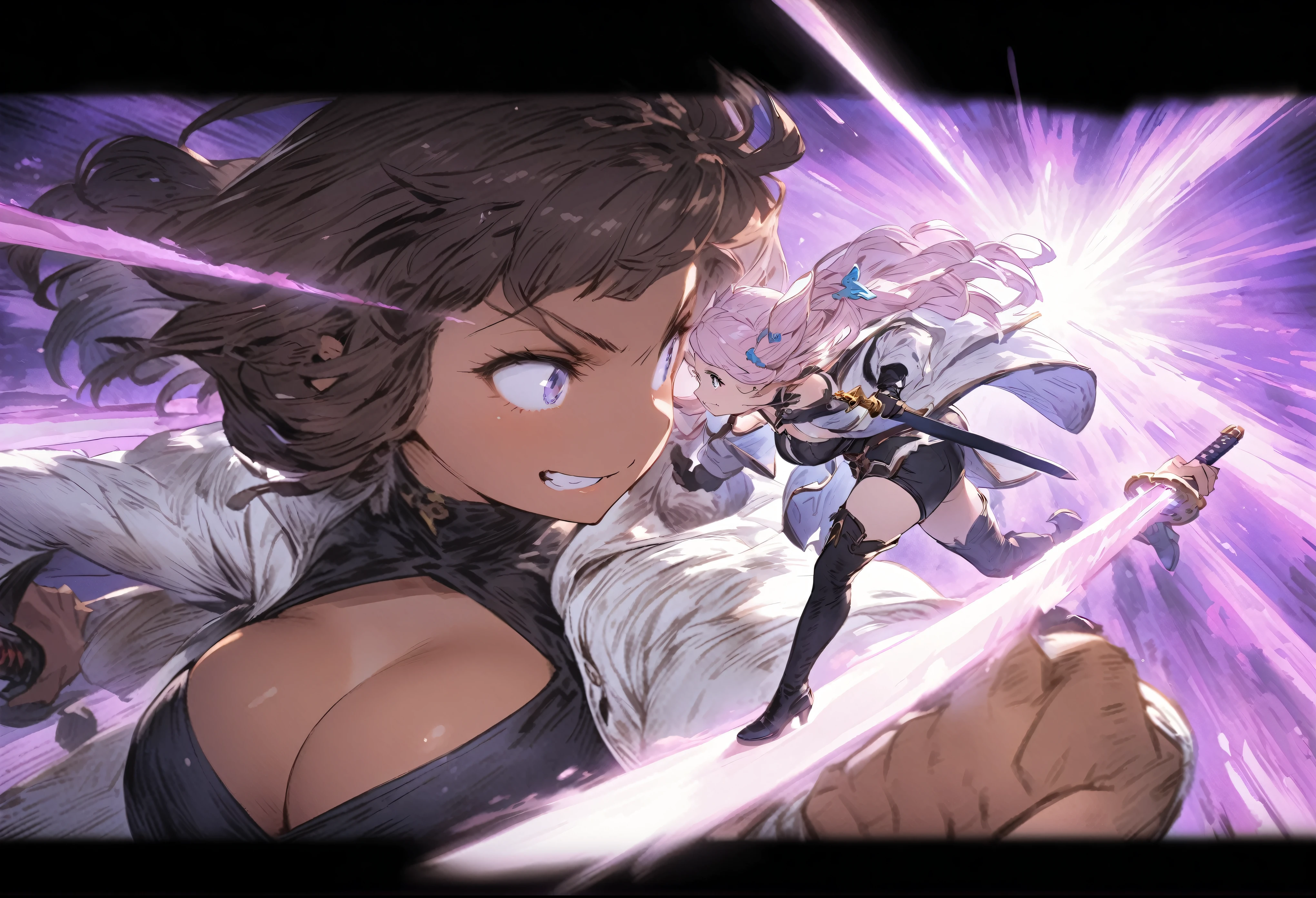 a high-definition, 8k masterpiece that features two attractive adult swordswomen. One of them is Connie Maheswaran, aged 25, dressed in a blue and white striped halter top and black microshorts, wielding a large pink sword with grace. The other is Narmaya from Granblue Fantasy, clad in a sleek black dress and white coat, her hand gripping the hilt of her katana.
They are facing each other in an intense duel under the moonlight, their swords clashing with powerful impact frames. Picture them standing on a field, their competitive smirks adding to the tension of their sparring match. The scene is focused on them; their perfect bodies, hands, faces and eyes gleaming under the atmospheric lighting.
Visualize this scene as it would be in Blazblue style: raw sensuality meets hyper-femininity amidst incredibly sharp absurdres and gradients. Deep highlights accentuate their cleavage cutouts and extremely detailed swords while motion lines portray the fast-paced action.
The artwork should be full-bodied with cel-shaded characters against dynamic scenery. It's an exciting battle art splash filled with cool tones and rich atmospheric shading that captures every detail of the action choreography from dynamic angles and perspectives.
Think about how you can use intense lighting effects to highlight key visuals and create dynamic lines of action. This prompt calls for amazing quality that combines fun with excitement through its intricate details and motion elements