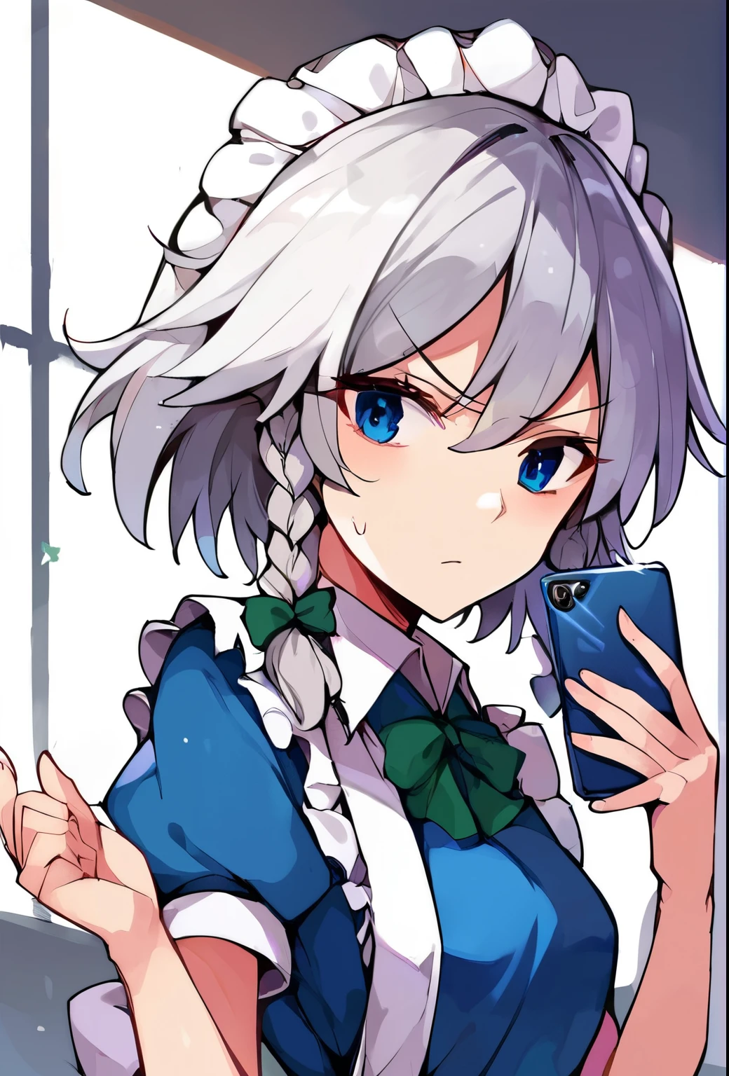 source_anime, (2d), score_9, score_8_up, score_7_up, score_6_up, score_5_up, score_4_up, solo, 1girl, standing, holding phone, looking at phone, :o, izayoi_sakuya_touhou, braid, twin_braids, maid_headdress, short_hair, maid, bow, grey_hair, hair_bow, bangs, blue_eyes, ribbon, hair_between_eyes, breasts, apron, green_bow, white_hair, confused, raised eyebrow, cowboy shot