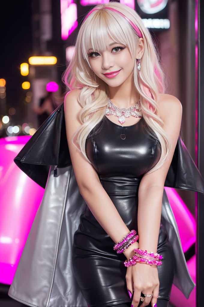 beautiful woman, beautiful smile, lipgloss, dramatic makeup, closeup photo, (sparkling large necklace), (sparkling large bracelets), night scene, sparkling neon street background, gyaru, (((long platinum blonde hair with dark pink highlights))), ((business style dark grey with dark pink leather dress)), sweet and sexy, seductive look