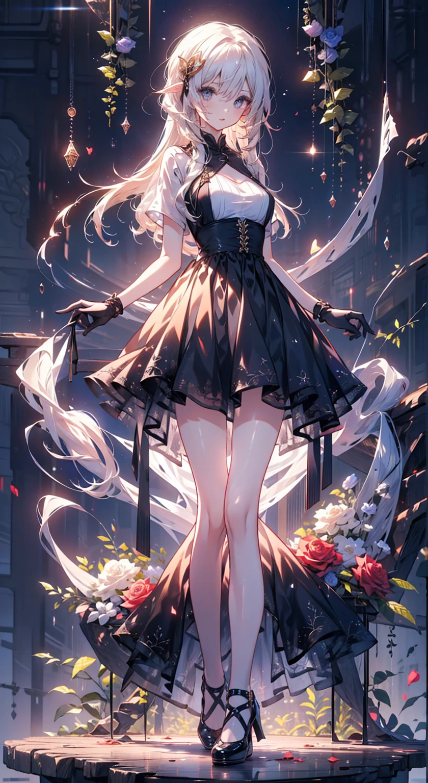 A girl，sheep&#39;horn, Rich colors, long white hair, Red眼睛 ，Eyeliner, black transparent clothes, Red, open air, Rose, night, ruins, Butterfly，mine same as the original, mine, , (:1.2) rest, (Black long skirt), (view from below), (Put your arms behind your back), (wild lift), thin dress,, 最good quality, High resolution, unified 8k wallpaper, (illustration:0.8), (Beautiful and delicate eyes:1.6), extremely detailed face, perfect lighting, Very detailed CG, (Perfect hands, perfect anatomy),，blond，red lips，Acting cute，Long hair，High heel，good quality, absurd, Super detailed, holographic,, dynamic poses, golden ratio, 超级Lovely女孩, Mature girl, extremely beautiful,，With super beautiful purple eyes, Super beautiful white hair, shiny skin,, Good and harmonious , Slender and delicate figure, Perfect body, (Wearing a short white top,) Lovely，Full body shot，Long hair，shoes，black skirt, Short sleeve，neat hair, black gloves,,Fade the background,Full body photo of the individual,cartoon，t-shirt，Eyes with highlights，Leg ring，Long hair到腰的位置