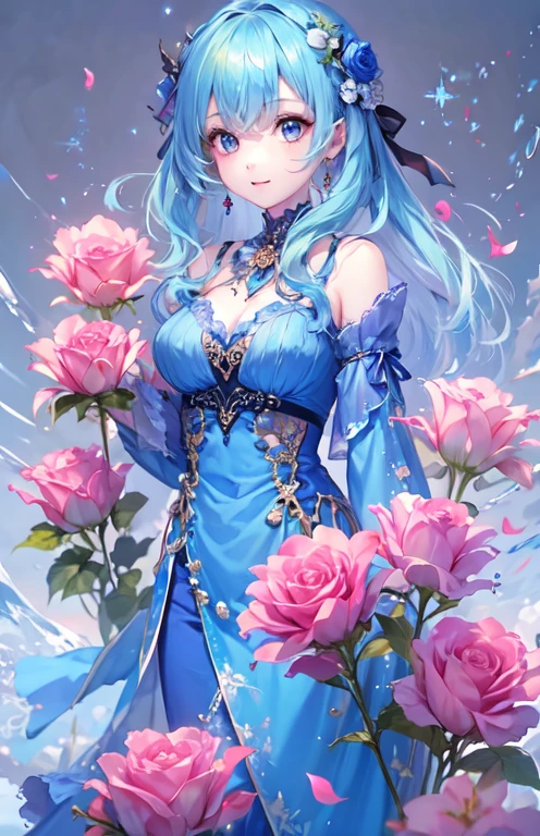 ((highest quality)), ((masterpiece)), (Get used to it), Perfect Face , beautiful girl , Medium breast , Long and beautiful blue hair ,  Clear blue eyes , blue rose ,