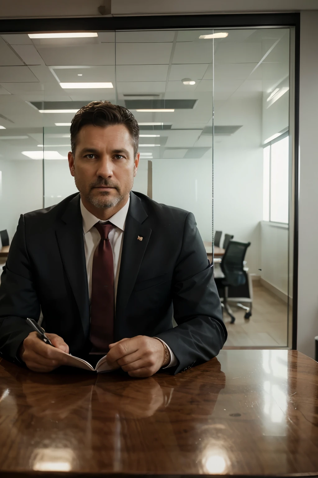 Photo-realistic of 40 years old American man sitting in front of the big table in the office room, glass wall, wearing suit, facing camera, 4K