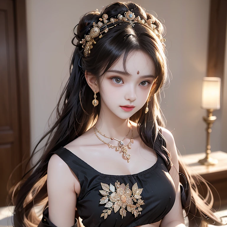 (A captivating bust photo of a breathtakingly beautiful 18-year-old woman,)
(Long and flowing hair cascades down her shoulders in soft waves,)
(Her symmetrical bun gracefully sits atop her head adorned with intricate hair accessories,)
(Jewelry glitters at her ears and neck, complementing her delicate features,)
(Eye shadows playfully accentuate her deeply expressive eyes,)
(Delicate black top hugs her cropped shoulders, revealing a peek of her midriff,)
(In the style of Dunhuang, streams of fabric flow in every direction,)
(Her fine