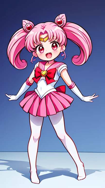 Sailor Moon,childhood,Seven ,Cute little loli,Pink hair twintails,short hair,Sailor suit,red bow,White elbow gloves,Red Skirt,no shoes,Open your mouth,laughing out loud,fangs,(white pantyhose),soles of feet,soles of feet