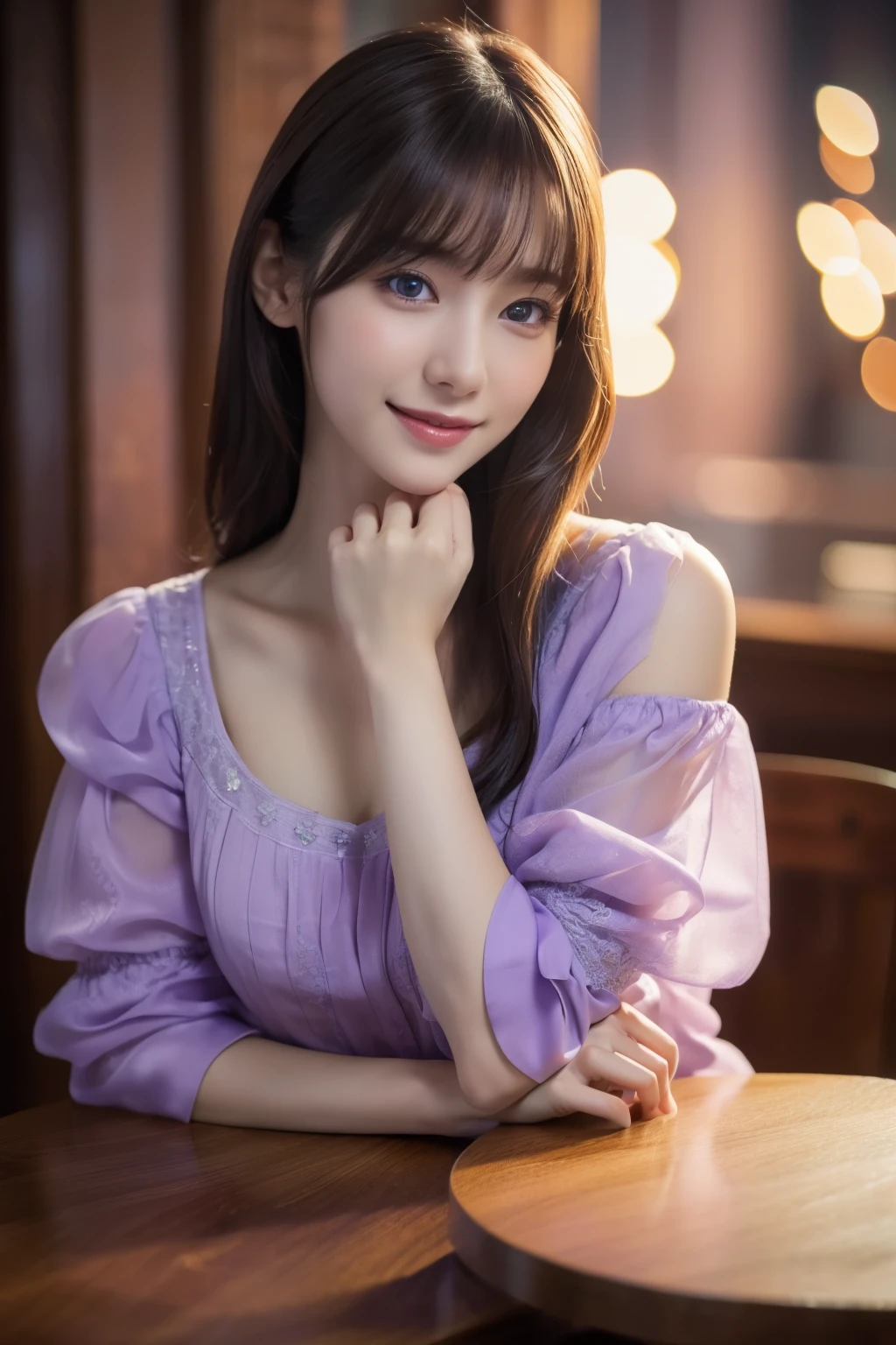 1 girl,(Wearing a lilac blouse:1.2),(Raw photo, highest quality), (realistic, Photoreal:1.4), table top, Very delicate and beautiful, very detailed, 2k wallpaper, wonderful, In detail, very detailed CG Unity 8k wallpaper, very detailed, High resolution, soft light, Beautiful detailed girl, very detailed目と顔, beautifully detailed nose, detailed and beautiful eyes,Cinematic lighting,night city lights,perfect anatomy,Slender body,smile