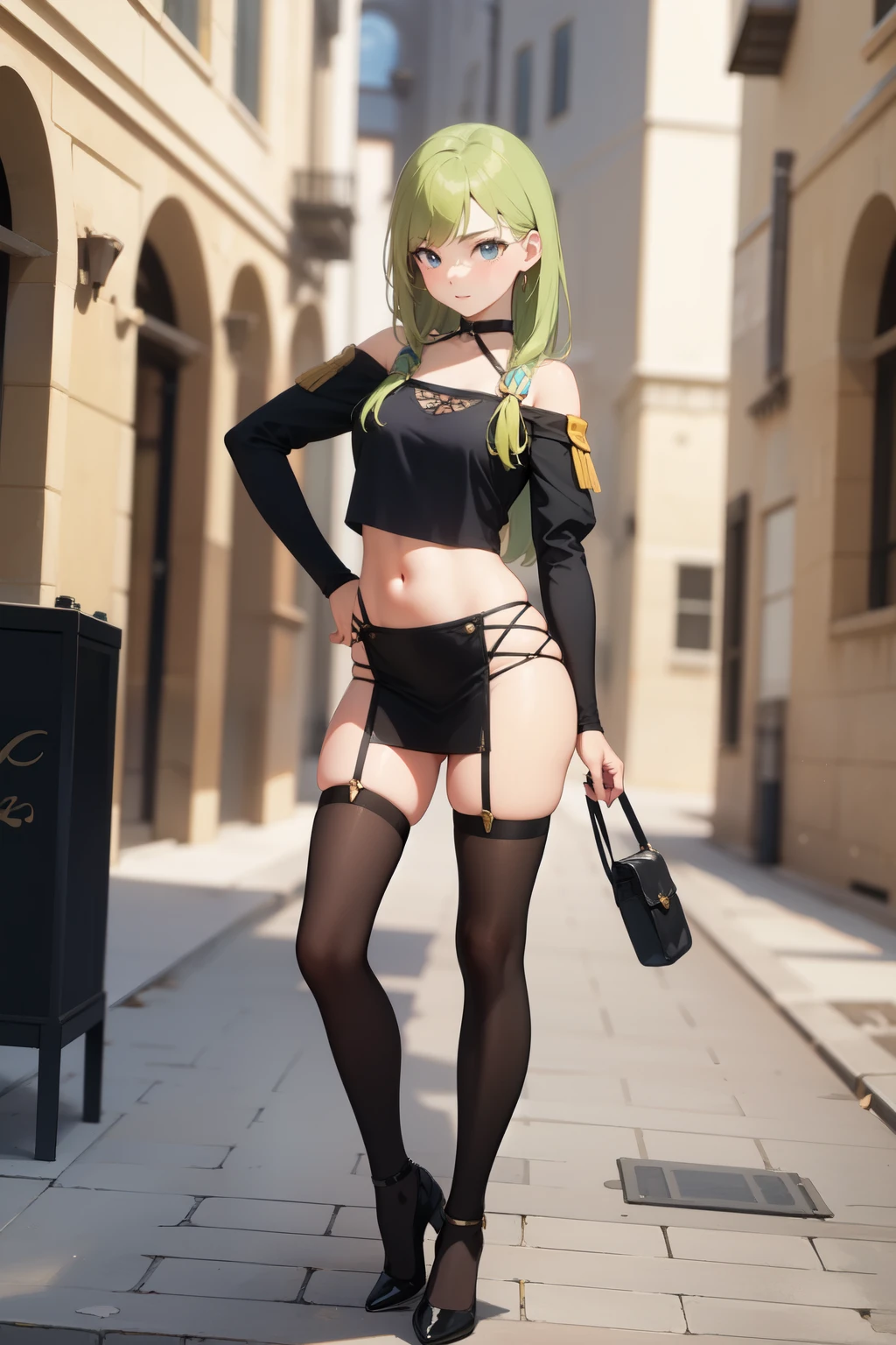 ((best quality)), ((masterpiece)), (detailed), perfect face, una chica rubia de ojos verdes, full body,  From medieval times, con ropa medieval de una joven pobre, cuerpo completo, estilo anime.