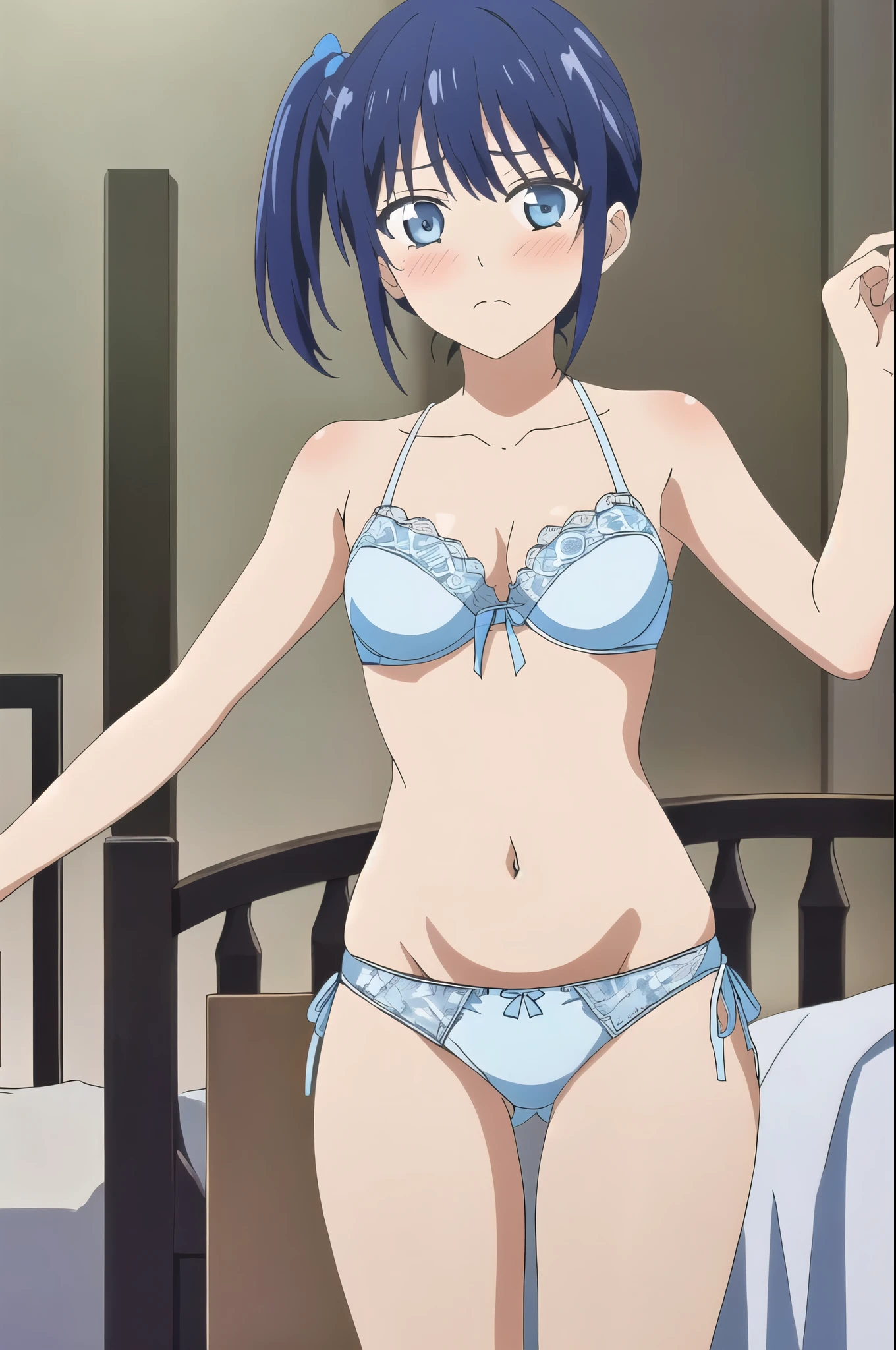 ((highest quality)),((very detailed)),masterpiece,Confused,detailed face,Beautiful Face,(fine grain, Deep Eyes),(1 girl),((Dynamic pose)), Minase, 1 girl, alone, In underwear,delicately patterned underwear,light blue bra,thin waist,belly button,((Light blue lace side tie panties)),Pussy,(Pussyストリーク), Thighs,blue eyes, troubled face, blush, Looking at the audience, side ponytail, blue hair, clavicle, bangs, Anime Coloring Book, ,bed,night,cowboy shot,Low - Angle