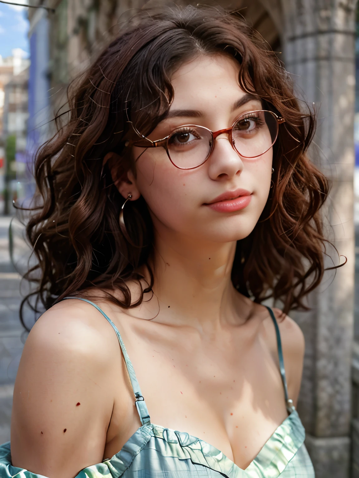Slightly curly hair, rimless glasses, small spots under the corners of the mouth, / note lilac earrings, slightly closed mouth, red lips, surrealism, high detail, strong chiaroscuro, film graininess, panorama, ultra high-definition, precise, textured skin.
