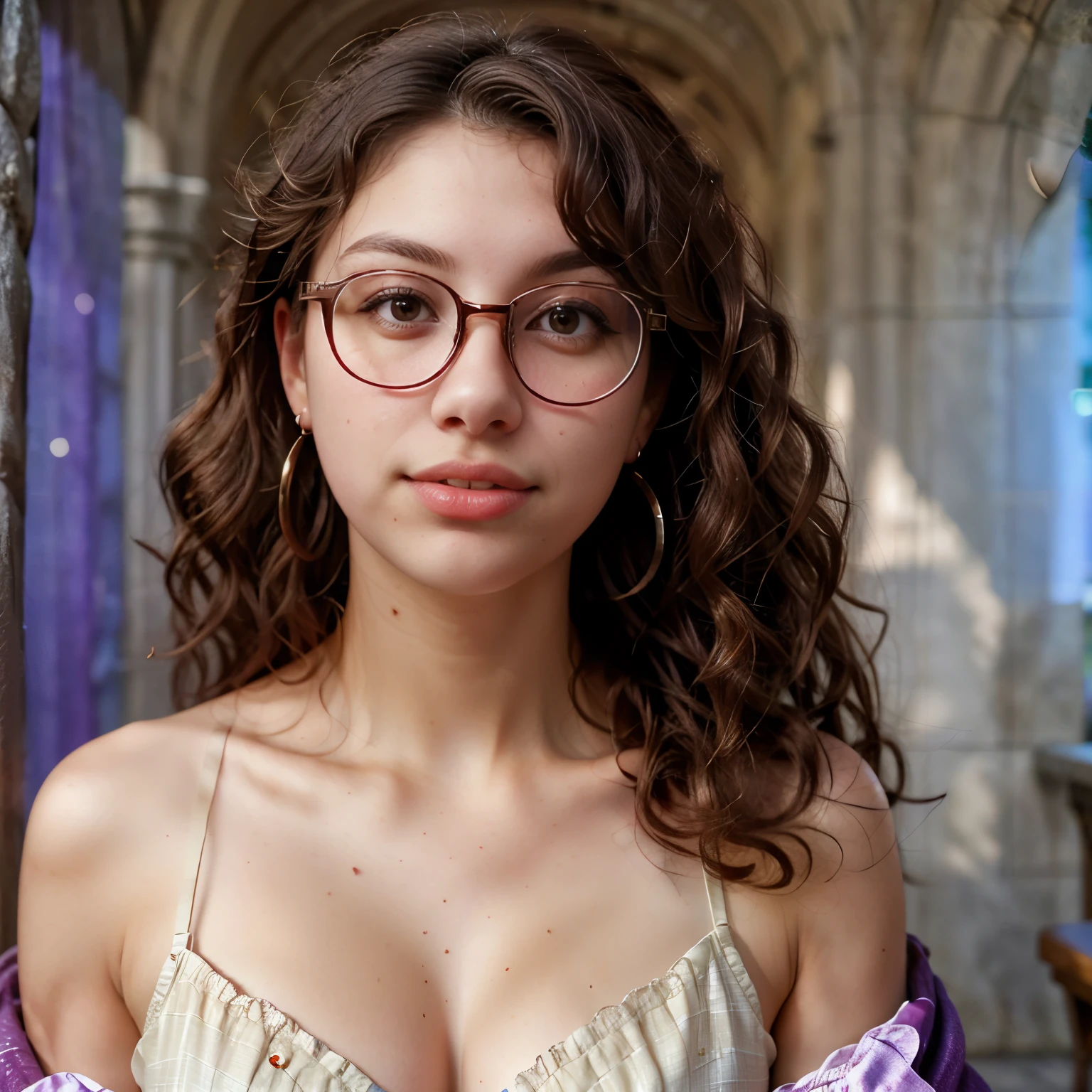 Slightly curly hair, rimless glasses, small spots under the corners of the mouth, / note lilac earrings, slightly closed mouth, red lips, surrealism, high detail, strong chiaroscuro, film graininess, panorama, ultra high-definition, precise, textured skin.