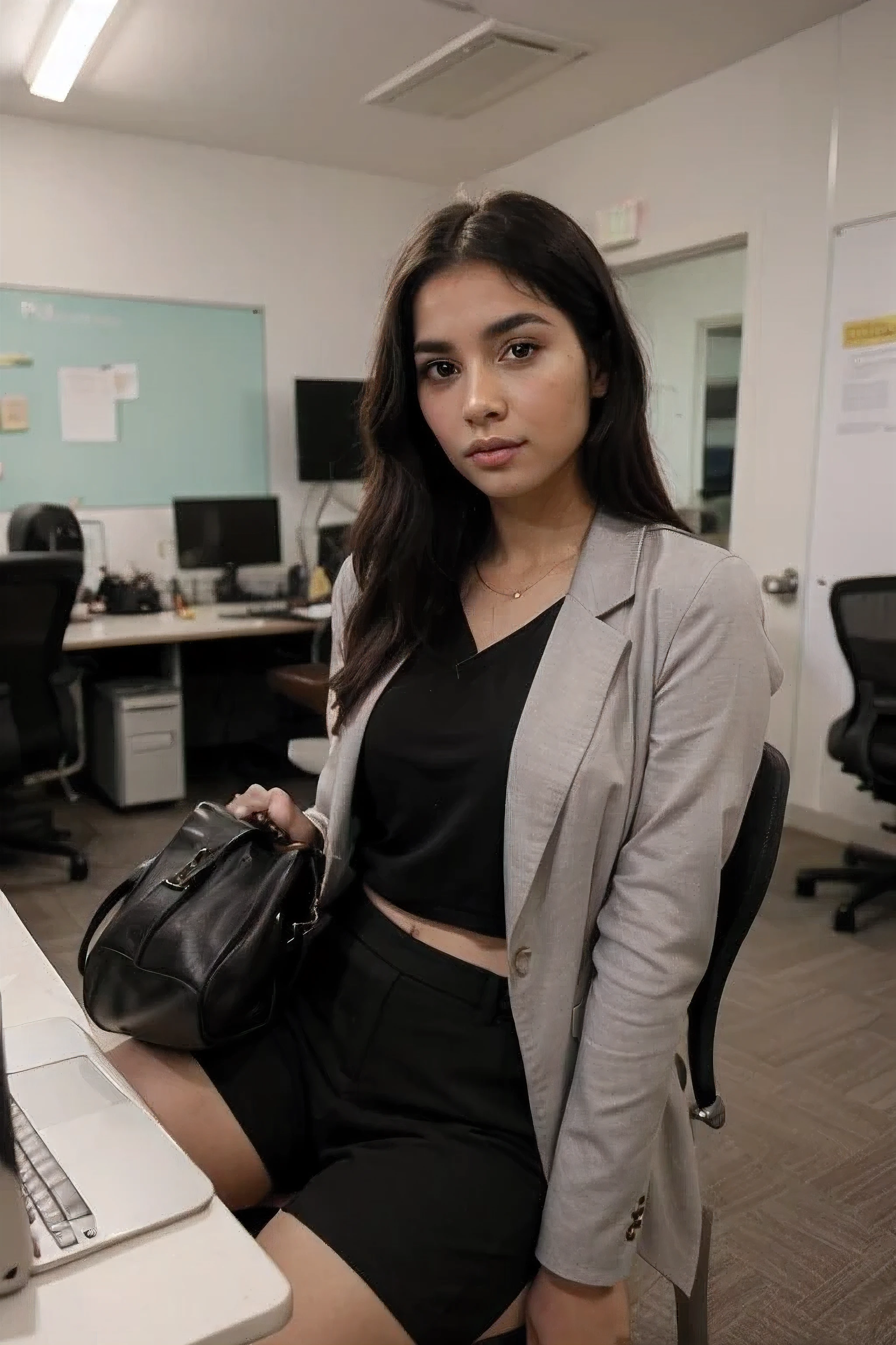 ((Mejor calidad)), ((obra maestra)), (detallado), cara perfecta, fujifilm, 20 years, oficina, cara linda, Muchacha india, Brown leather, traje negro y blazer, pantalones cortos, pelo negro, ojos negros, hermoso, maquillaje ligero,sitting in oficina, brown laptop bag in hand, model pose