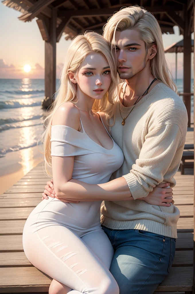 Summer sea, sexy girl, white transparent slingshot swimsuit with breasts and  exposed, handsome man  her from behind, talking in her ear, lifting her, 40k, photo, masterpiece, top quality, (1 girl's blue eyes and blonde hair immediately curled with open legs), an elderly man leans on her from behind and picks her up, wide-eyed, sticks out tongue,-tongue, crazy, opens mouth, screams, ahe face, rough breathing, blush, sweat, nsfw, anime babe, focused  and  view