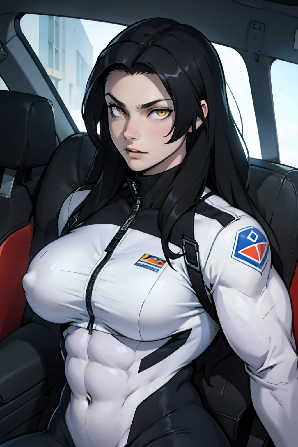 1 girl, black hair, yellow eyes, very long hair, pale skin, ((((extremely muscular)))), large breasts, (confident expression), pilot suit, close up