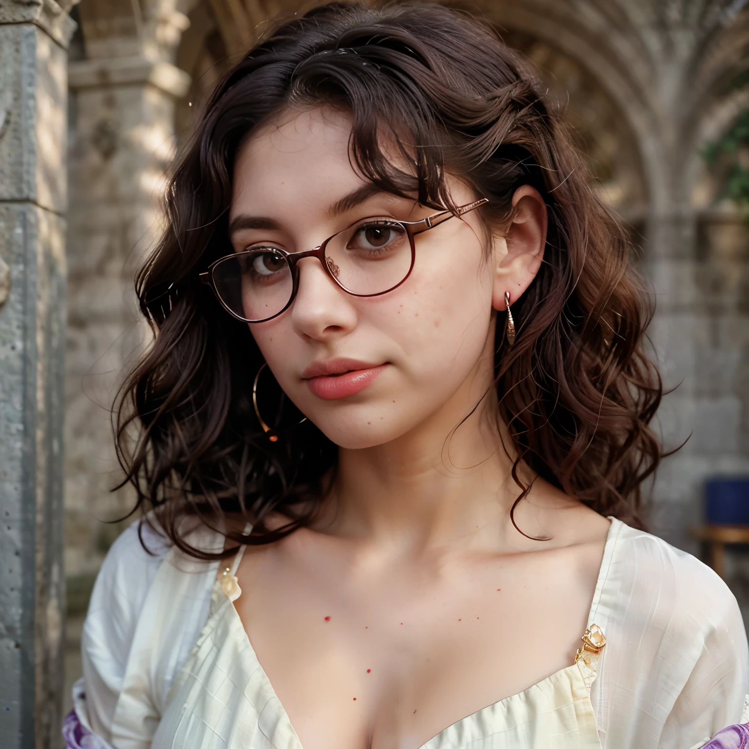 Slightly curly hair, rimless glasses, small spots under the corners of the mouth, / note lilac earrings, slightly closed mouth, red lips, surrealism, high detail, strong chiaroscuro, film graininess, panorama, ultra high-definition, precise, textured skin.
