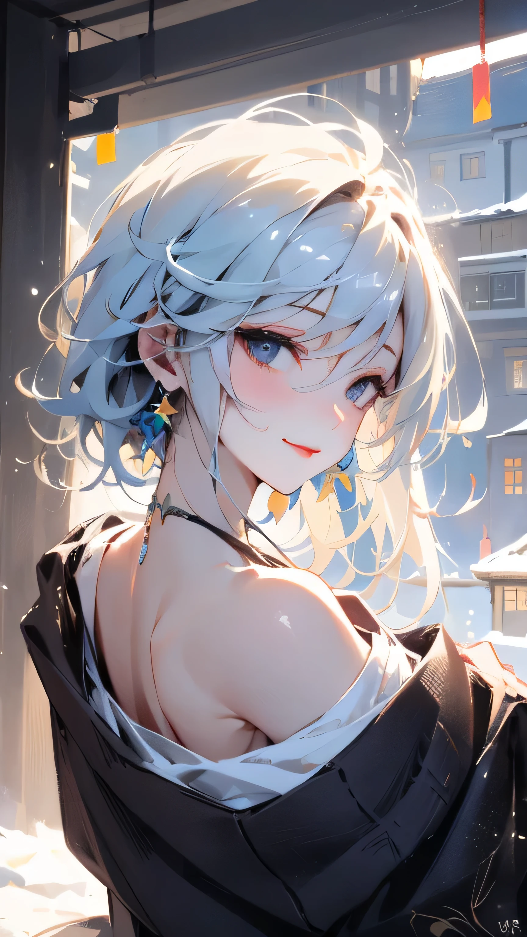 1girl, Short white Hair, Black eyes, wearing Dress, Smile, Sitting on the bed, anime fantasy Artwork
(((masterpiece),(Very detailed CG unity 8K wallpaper),best qualtiy,cinmatic lighting,detailed back ground,beatiful detailed eyes,Bright pupils,Black eyes,Snow-whiteskin,Redlip(Very fine and beautiful),(Beautiful and detailed eye description),ultra - detailed,tmasterpiece,))facing at camera,A high resolution,ultra - detailed),