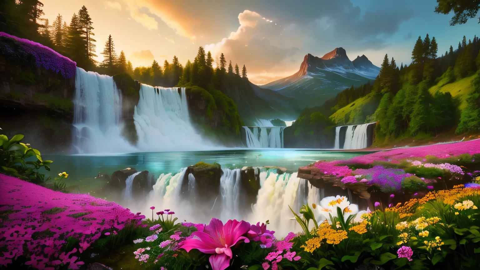 a close up of a waterfall with a bunch of flowers in the foreground, natural landscape beauty, beautiful landscape, beautiful stunning waterfall, beautiful scenic landscape, beautiful waterfall, beautiful nature, flowers and waterfalls, peaceful beautiful waterfall, epic beautiful landscape, stunning waterfall, amazing landscape, breathtaking landscape, stunning landscape, majestic nature scenery, beautiful serene landscape, very beautiful photo, waterfall(beautiful