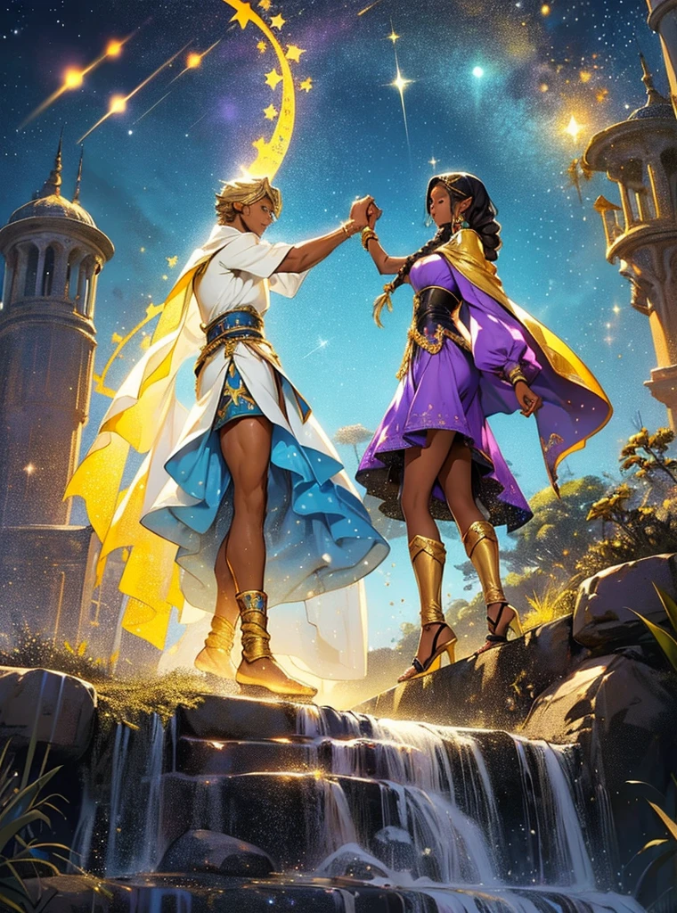 African woman wear spainish purple dress like a princess. She have beautiful long braid hair and brown skin. Star-man wear black and glittery golden clothes with cape like a prince. He have glow white and yellow short hair. His sand-color skin. He hold her hand by his hand. He is flying. 