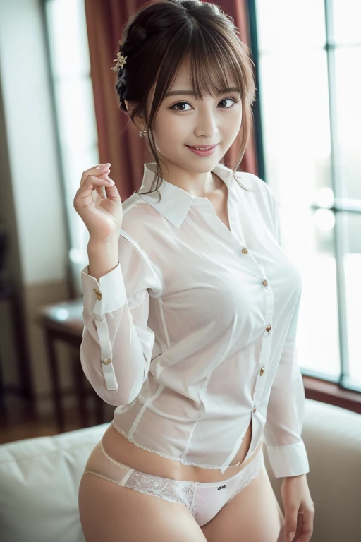((long business dress shirts,closed buttons,lace panties)),living room,smiling,hand up,(8k, RAW photo:1.2)detailed face and eyes,,best quality, ultra high res, intricate detail ,masterpiece ,ultra-detailed ,cute girl , intricate detail, hyperdetail, masterpiece,sharp focus,,smiling、forward leaning posture