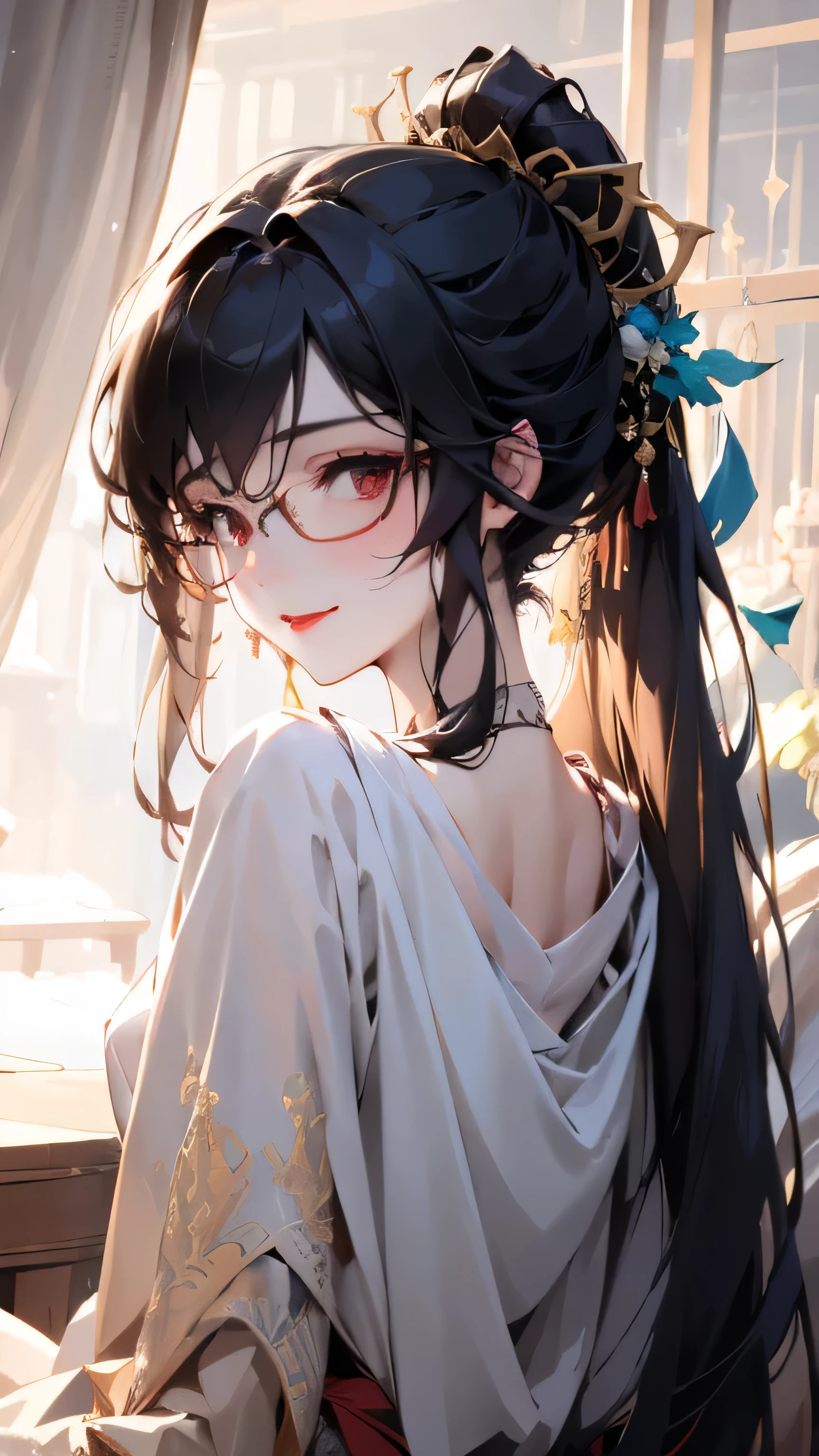 1girl, long white Ponytail, red eyes, wearing Overall, Smile, glasses, Sitting on the bed, anime fantasy Artwork
(((masterpiece),(Very detailed CG unity 8K wallpaper),best qualtiy,cinmatic lighting,detailed back ground,beatiful detailed eyes,Bright pupils,Black eyes,Snow-whiteskin,Redlip(Very fine and beautiful),(Beautiful and detailed eye description),ultra - detailed,tmasterpiece,))facing at camera,A high resolution,ultra - detailed),
