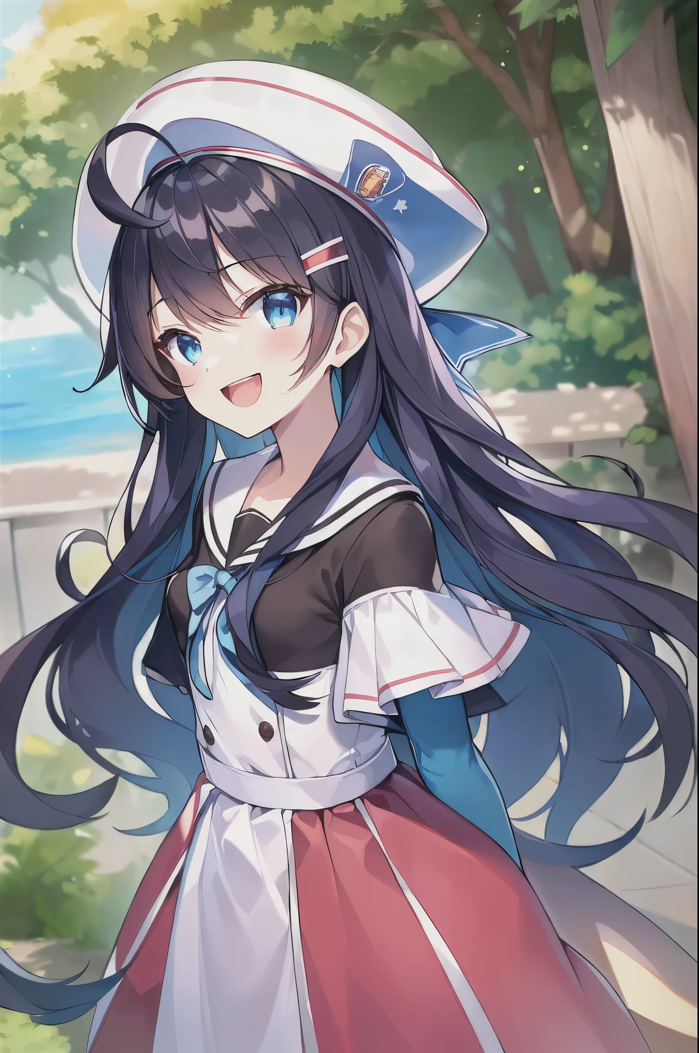 (((masterpiece))) (((highest quality))), (((beautiful))), (((8K))), (((High resolution))), (1 girl:1.3), (child:1.5), (:1.2), (Dark blue straight long hair:1.3), (very long, Dark blue sideburns), (Very wide parted dark blue bangs:1.3), (Simple hair clip:1.4), (Ahoge:1.4), (small blue eyes:1.2), (droopy eyes:1.3), (Super thick sideburns and super long sideburns:1.1), (Ultra-flat chest:1.4), (extremely small breasts:1.4), (laughing:1.3), Walking through the city of fresh greenery, (Fresh green roadside trees:1.3), Between buildings, (white sailor suit:1.2), (white pleated skirt:1.2), White hat with blue ribbon, (cowboy shot:1.2), (From above:1.4)