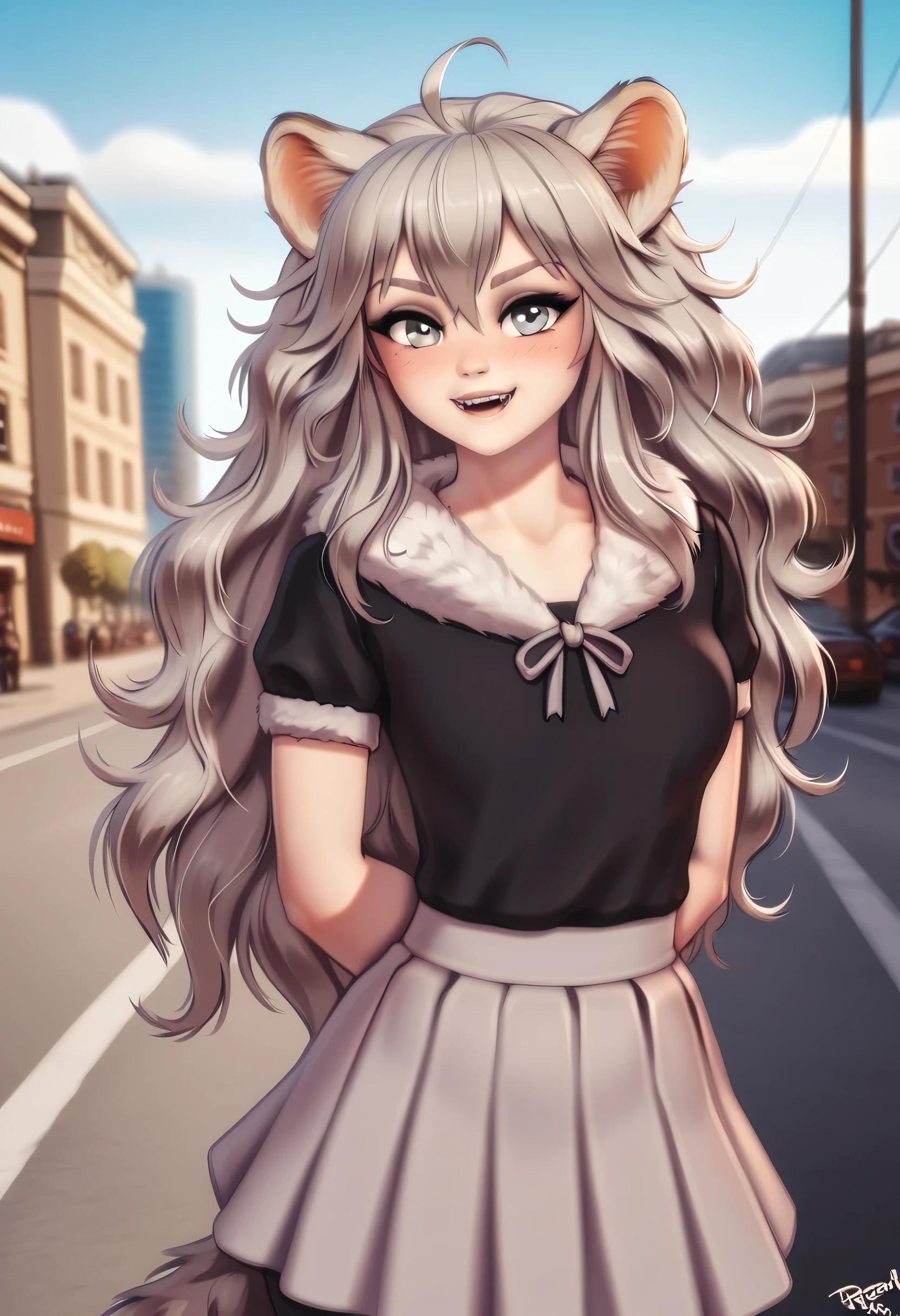 By personalami. absurdres, highres, best quality,  Botan, black top, fur-trim, oionlion ears, messy hair, skirt, messy hair, grey eyes, grey hair, long hair, black nails, sharp nails, dynamic pose, sexy pose, seductively smile, blush, hands behind back, city road, on the road,