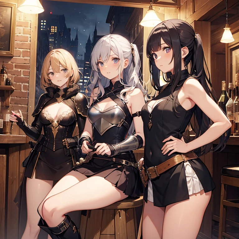 A group of  female medieval fantasy adventurers, (in tavern), various hair styles, harem, night, details face, short skirt, seducing, sleeveless, armor 