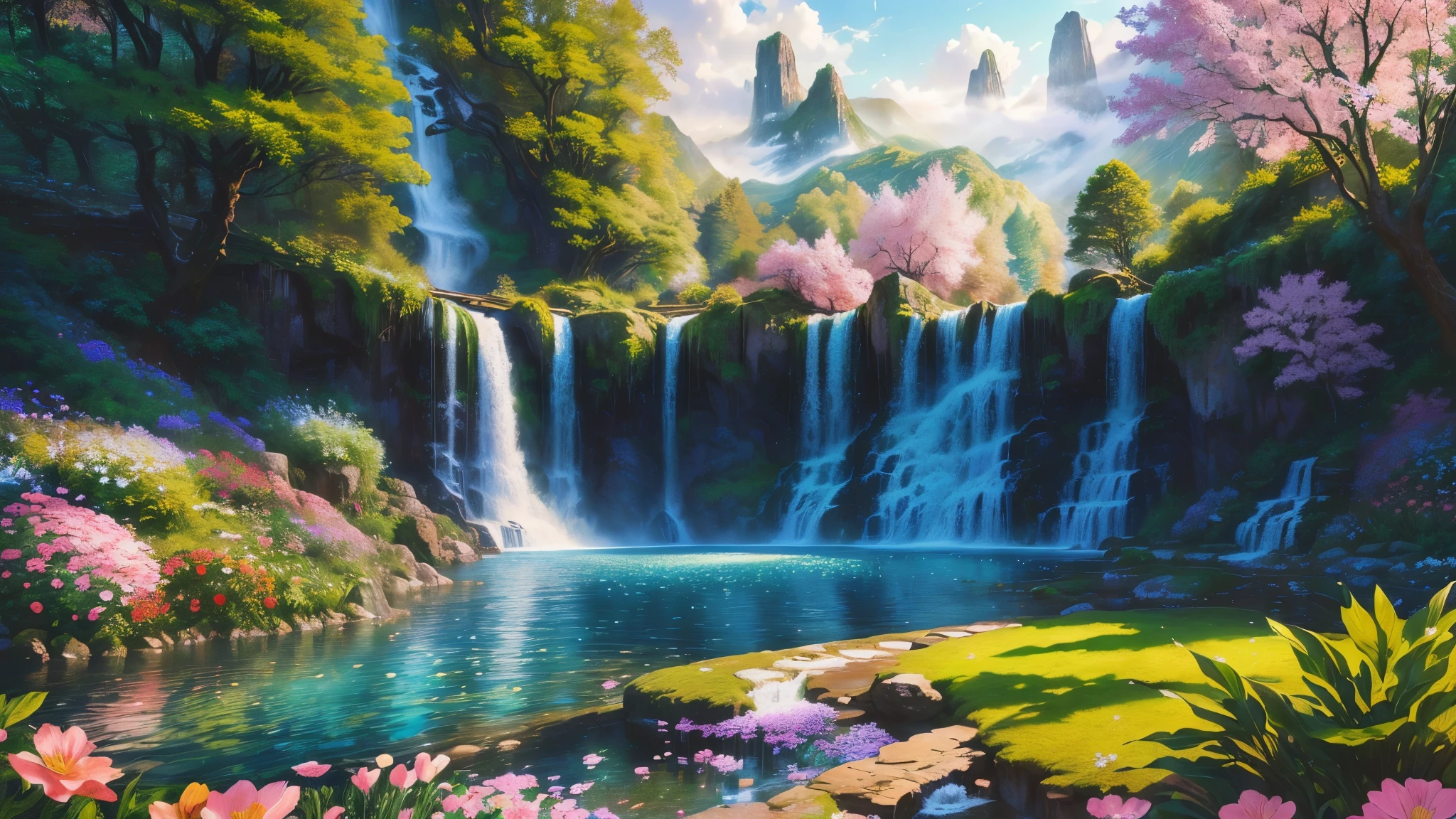 painting of a waterfall in a garden with flowers and trees, beautiful art uhd 4 k, flowers and waterfalls, beautiful wallpaper, peaceful beautiful waterfall, amazing wallpaper, beautiful detailed fantasy, beautiful stunning waterfall, 4k highly detailed digital art, magical landscape, nature wallpaper, scenery wallpaper, impressive fantasy landscape, high quality wallpaper, very beautiful scenery, stunning waterfall