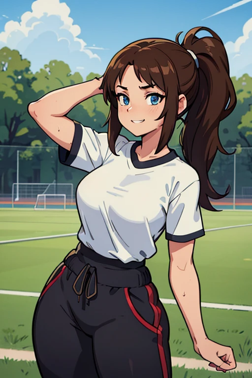 [((masterpiece)), ((HD)), ((high res)), ((solo portrait)), ((waist-up)), ((front view)), ((detailed shading)), ((soft textures)), ((intricate details)), ((anime girl)), ((cinematic)), {attractive; ((athletic 36 year old woman)), (brown hair), (long ponytail), (cute blue eyes), ((athletic body)), (curvy hips), (beautiful legs), (cute grin)}, {(white gym T-shirt), (Black gym sweat pants)}, {(standing), (hand on head), (looking ahead), (looking away)}, [background; (grass plains), (school soccer field), (blue sky), (clouds in sky), (ambient lighting)]
