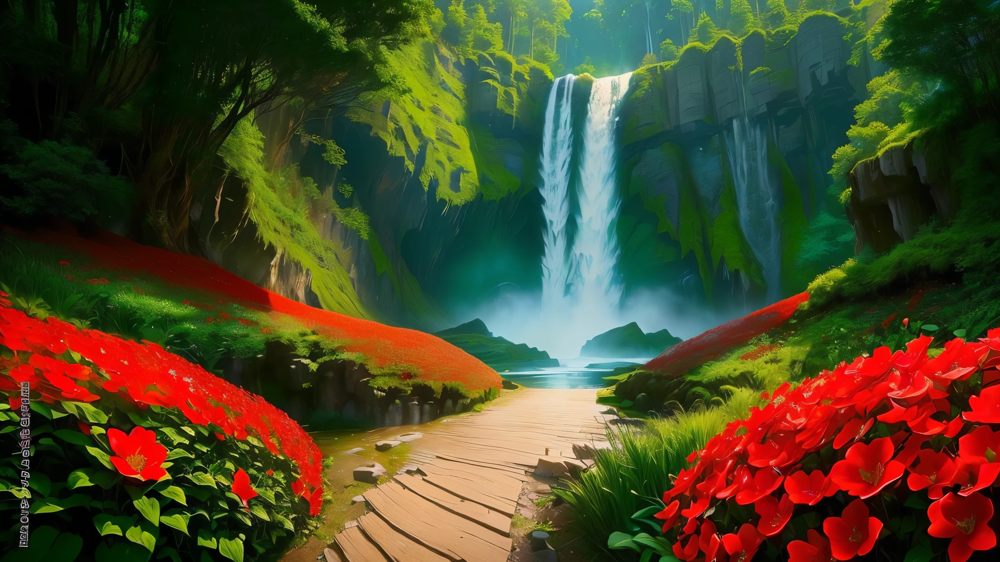 there is a pathway leading to a waterfall with red flowers, beautiful stunning waterfall, beautiful waterfall, flowers and waterfalls, peaceful beautiful waterfall, stunning waterfall, waterfall(beautiful, natural landscape beauty, beautiful scenic landscape, beautiful landscape, beautiful nature, stunning nature in background, waterfall background, really beautiful nature, huge waterfall, waterfall backdrop, amazing landscape, waterfall, forest and waterfall