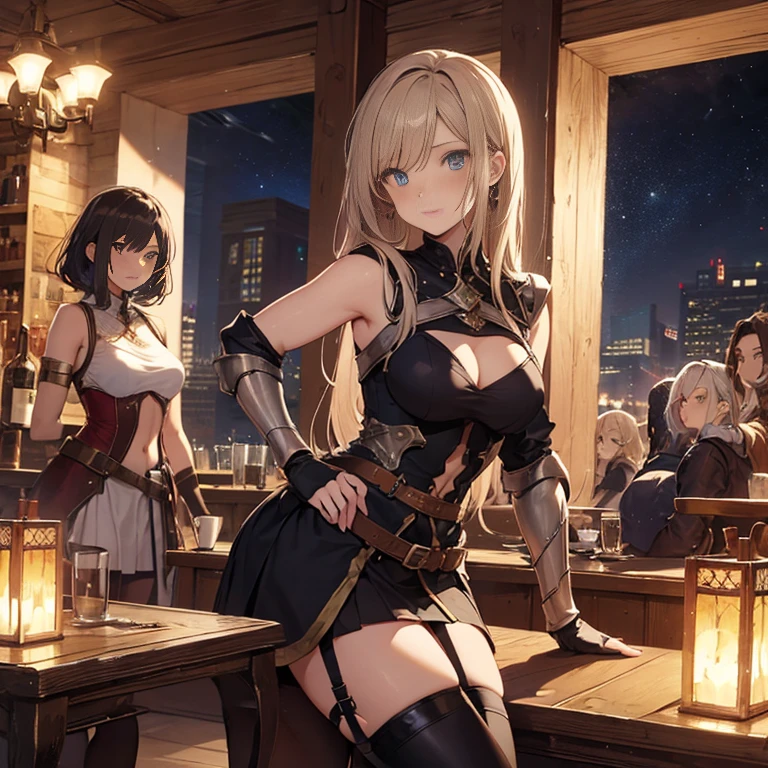 A group of female medieval fantasy adventurers, (in tavern), various hair styles, harem, night, details face, short skirt, seducing, sleeveless, armor