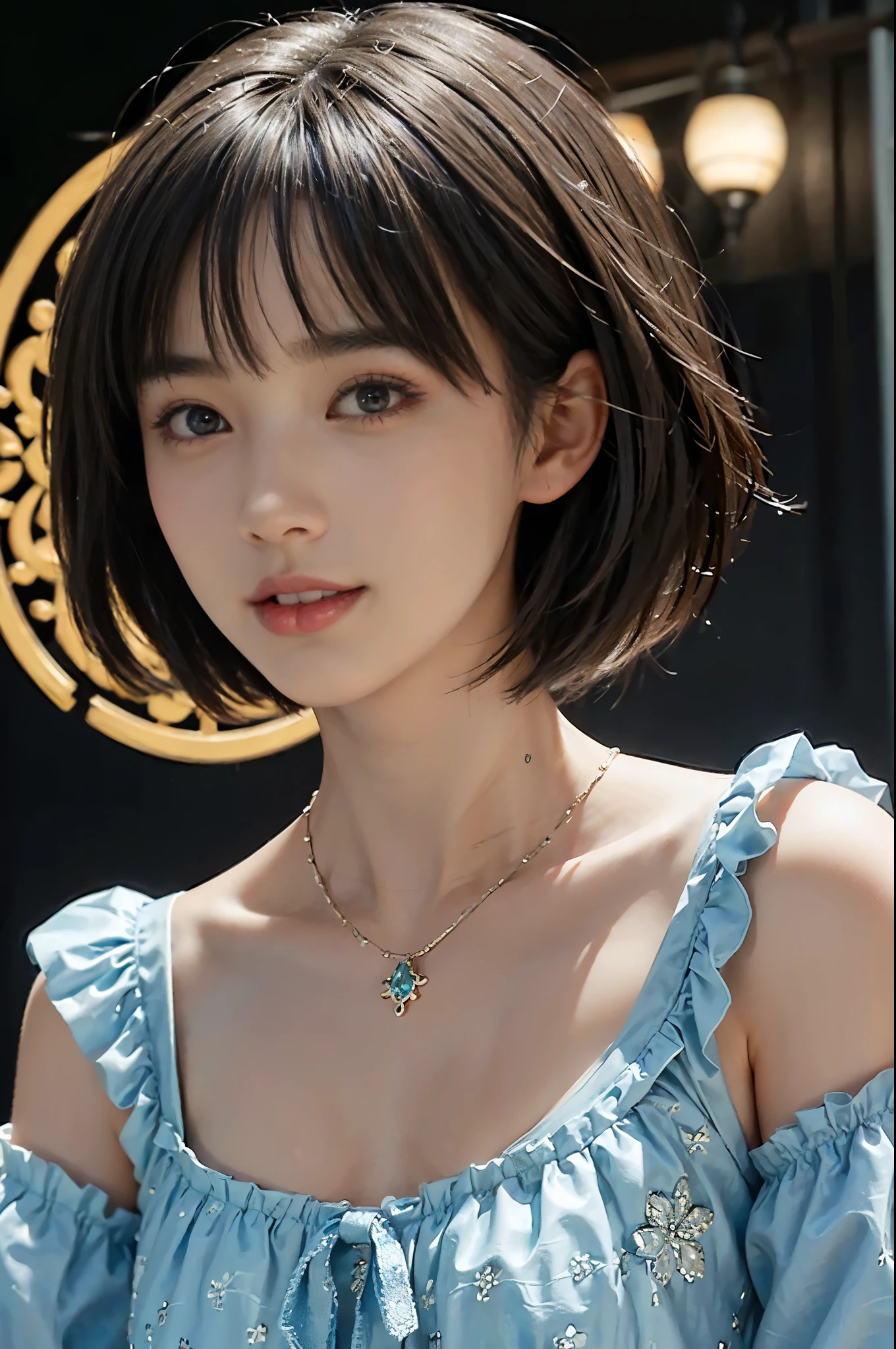 (Surreal), (figure), (High resolution), (8K), (Very detailed), (The best figures), (detailed face), (detailed and beautiful eyes), (highest quality), (masterpiece), (wallpaper), Upper body close-up, short hair,Inner Color, alone, A girl wearing simple black underwear, Ample breasts, smile