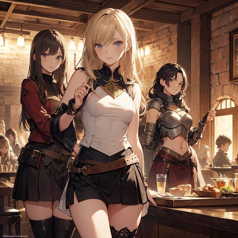 A group of female medieval fantasy adventurers, (in tavern), various hair styles, harem, night, details face, short skirt, seducing, sleeveless, armor