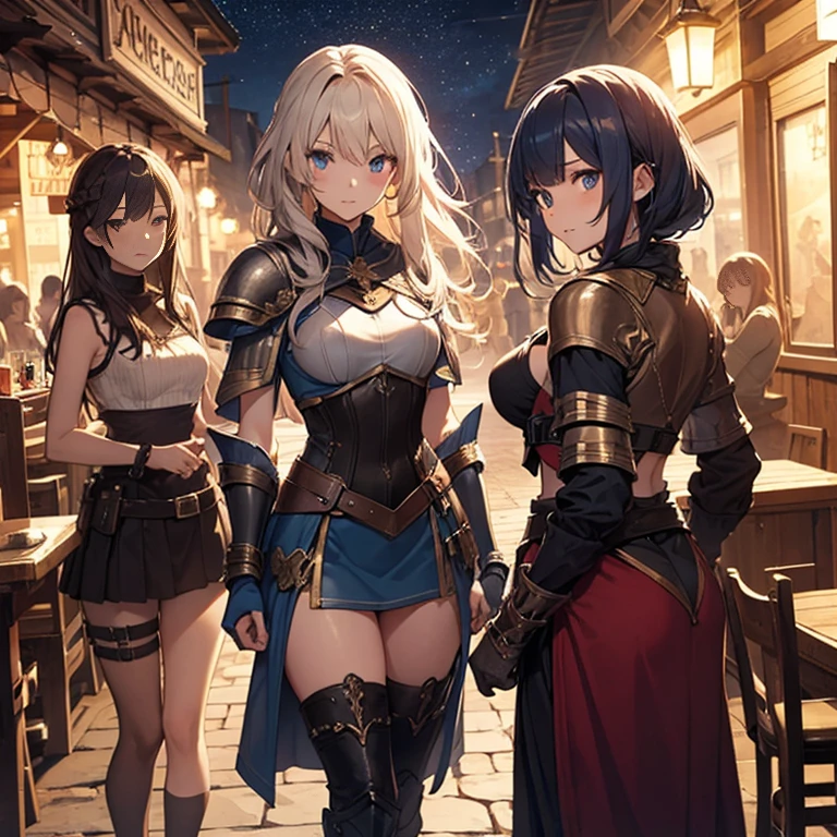 A group of  female medieval fantasy adventurers, (in tavern), various hair styles, harem, night, details face, short skirt, seducing, sleeveless, armor 