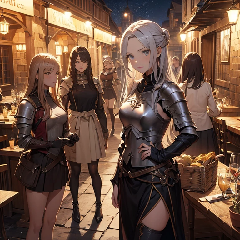 A group of  female medieval fantasy adventurers, (in tavern), various hair styles, harem, night, details face, short skirt, seducing, sleeveless, armor, midriff 