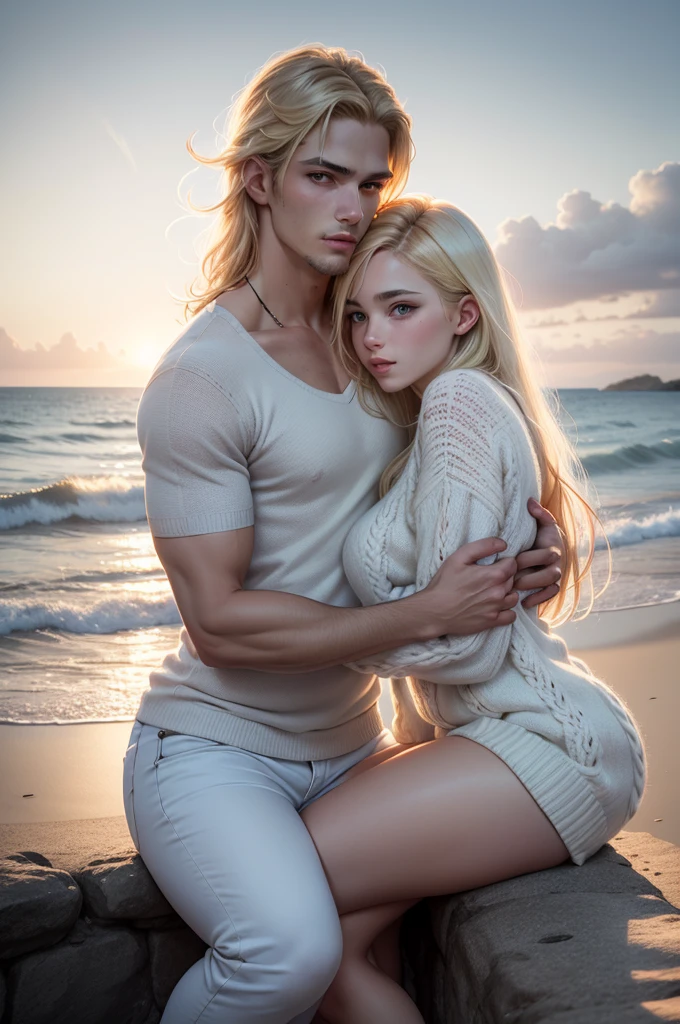 A beautiful tropical beach, an incredibly beautiful sunset. A tall, statuesque, handsome, masculine, manly, athletic adult man is platinum blond, he has tanned skin, blue eyes, perfect facial features, a smooth-shaven face, he has long straight white hair. He is dressed in a white shirt and light jeans, sitting on the shore and hugging an incredibly beautiful graceful delicate young woman sitting next to him-a golden-haired blonde with blue eyes, long golden hair tied with a red ribbon, she is dressed in a light white dress and wrapped in a warm knitted sweater, clinging to him. They are in love with each other. They are happy. Masterpiece, perfect image, realistic pictures, detailed face study, full-length image, 8k, detailed image. an extremely detailed illustration, a real masterpiece of the highest quality, with careful drawing.